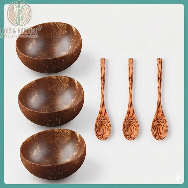 Bol noix de coco, trio de coupelles avec cuilleres en bois alignees, Bois et Bambou Eco