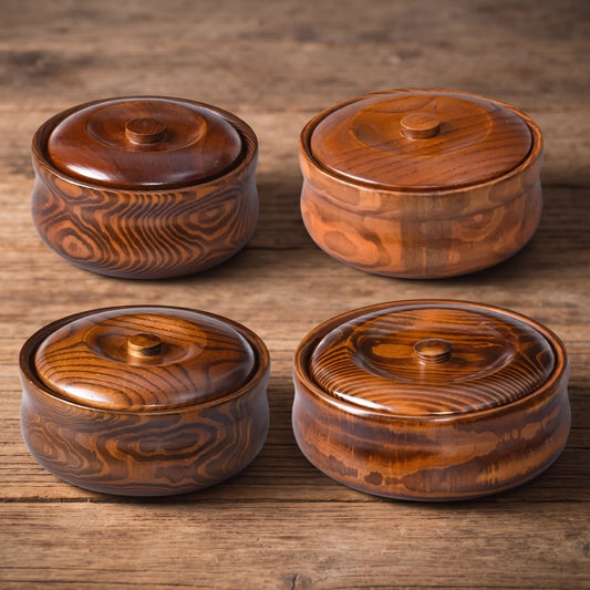 Quatre bols à ramen en bois fait main avec couvercle, variations naturelles de veinage