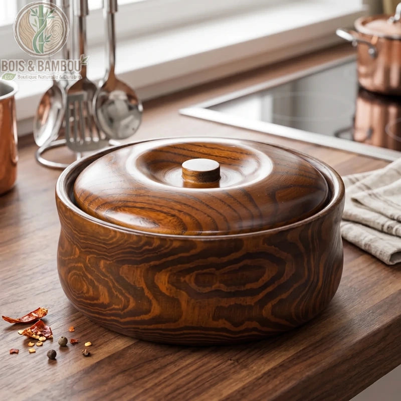 Bol ramen bois sculpte main grain naturel finition mate avec couvercle, Bois et Bambou Eco