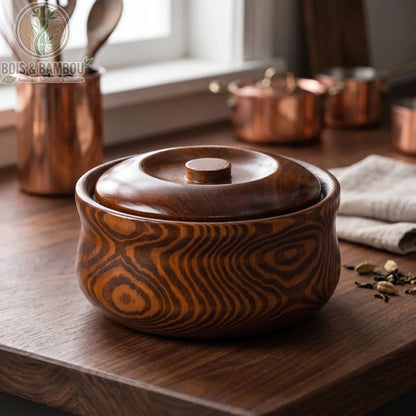 Bol ramen bois fait main modele rond brun avec couvercle assorti, Bois et Bambou Eco