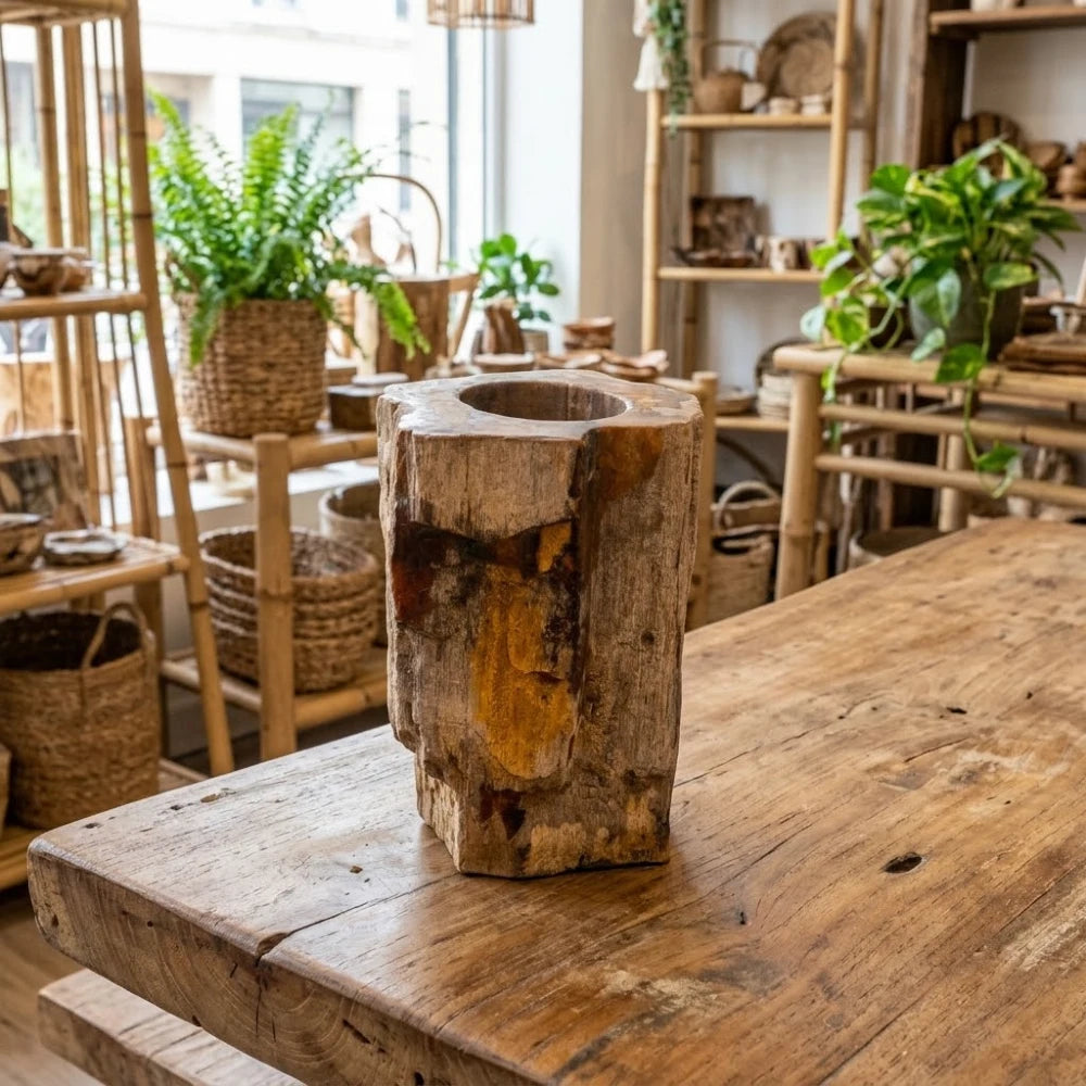 Bougeoir haut en bois fossilisé, logement vide pour bougie chauffe-plat, reflets ocre et rouille, photo indicative