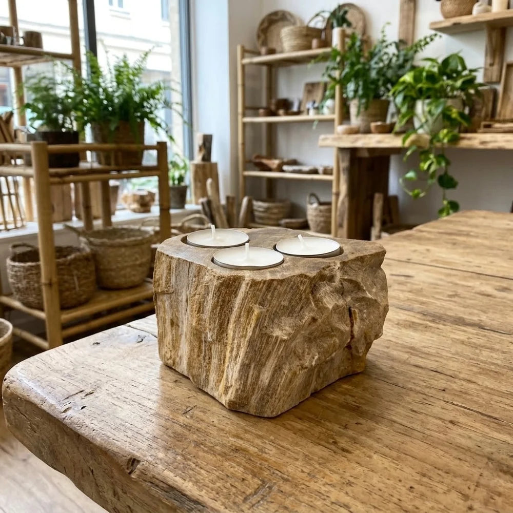 Bougeoir en bois fossilisé 3 bougies, teinte beige miel, posé sur une table en bois, photo indicative, chaque pièce est unique