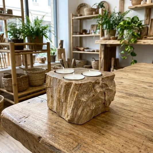 Bougeoir en bois fossilisé 3 bougies, teinte beige miel, posé sur une table en bois, photo indicative, chaque pièce est unique