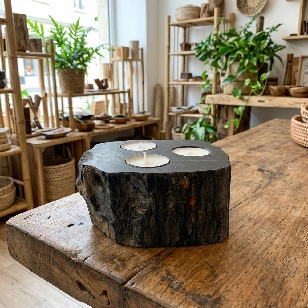 Bougeoir en bois pétrifié gris anthracite pour 3 bougies chauffe-plat, exemple de teinte foncée, pièce unique