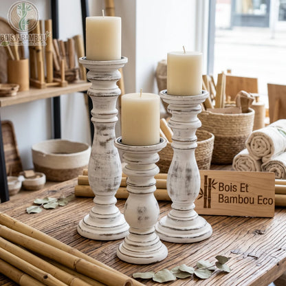 Bougeoir en bois de manguier blanchi, 3 tailles avec bougies allumées, style vieilli