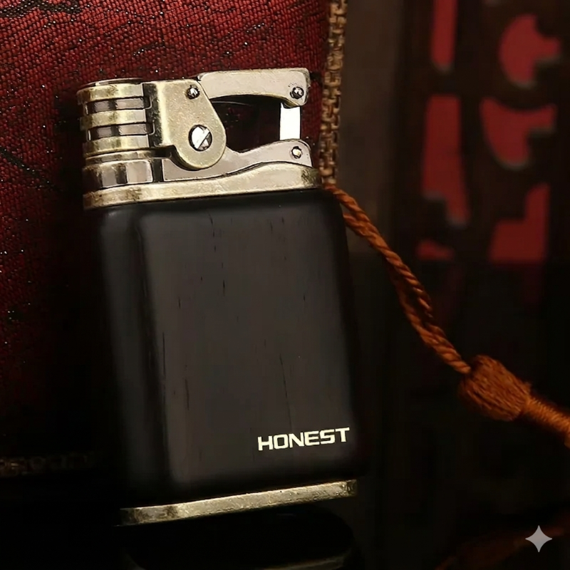 Briquet vintage haut de gamme HONEST en bois de santal noir poli avec mécanisme en laiton vieilli sur fond texturé rouge.