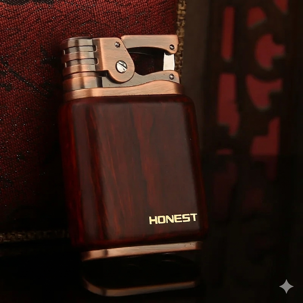 Briquet coupe-vent HONEST en bois de santal rouge riche, montrant le mécanisme de briquet à essence rétro en cuivre vieilli.