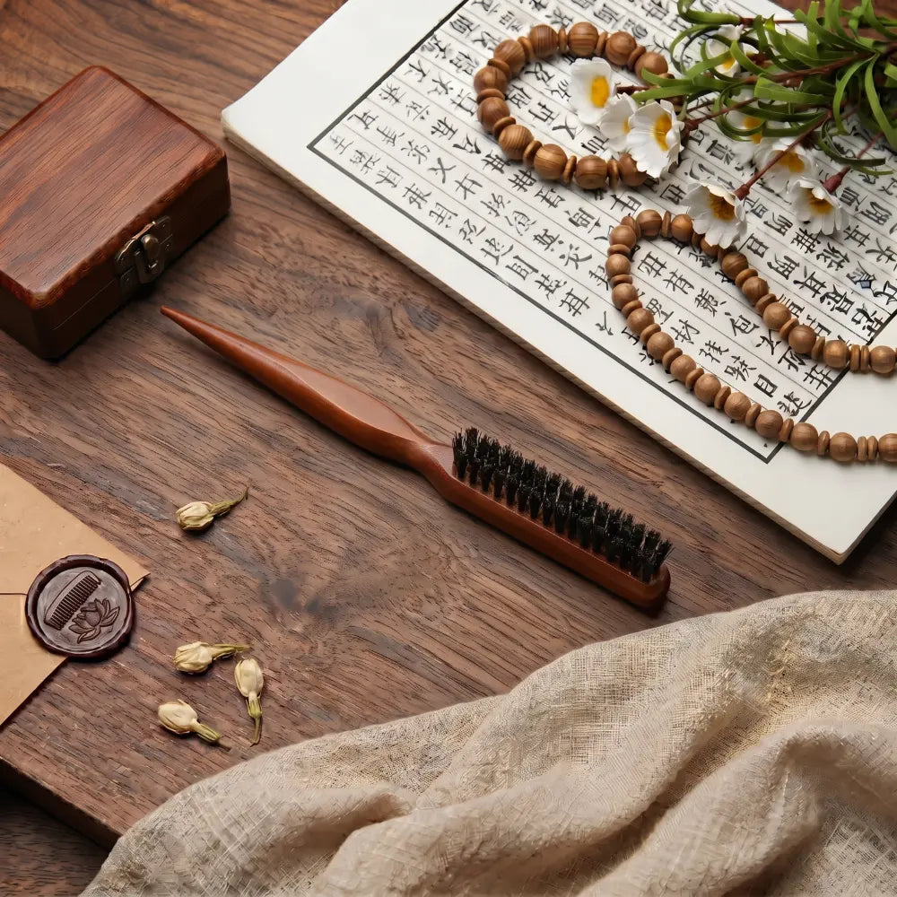 Brosse en poils de sanglier naturels et manche en bois, posée dans un décor artisanal en bois