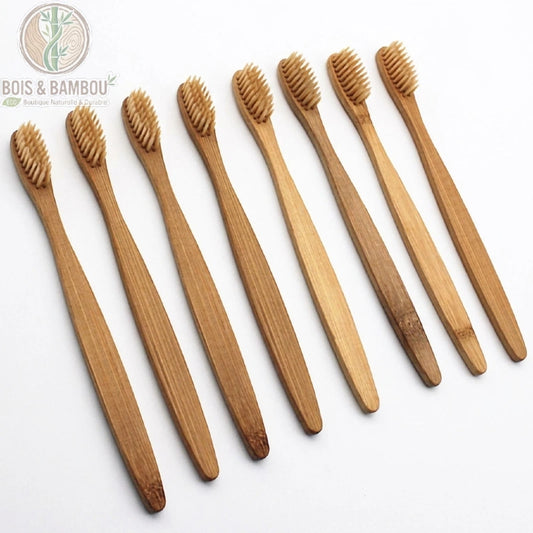 Lot de 8 brosses à dents en bambou biodégradables alignées sur fond blanc | Bois Et Bambou Eco