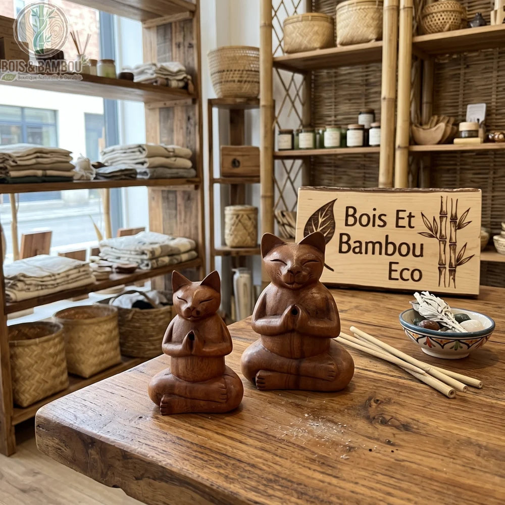 Porte-encens en bois sculpté en forme de chat de yoga, deux tailles côte à côte
