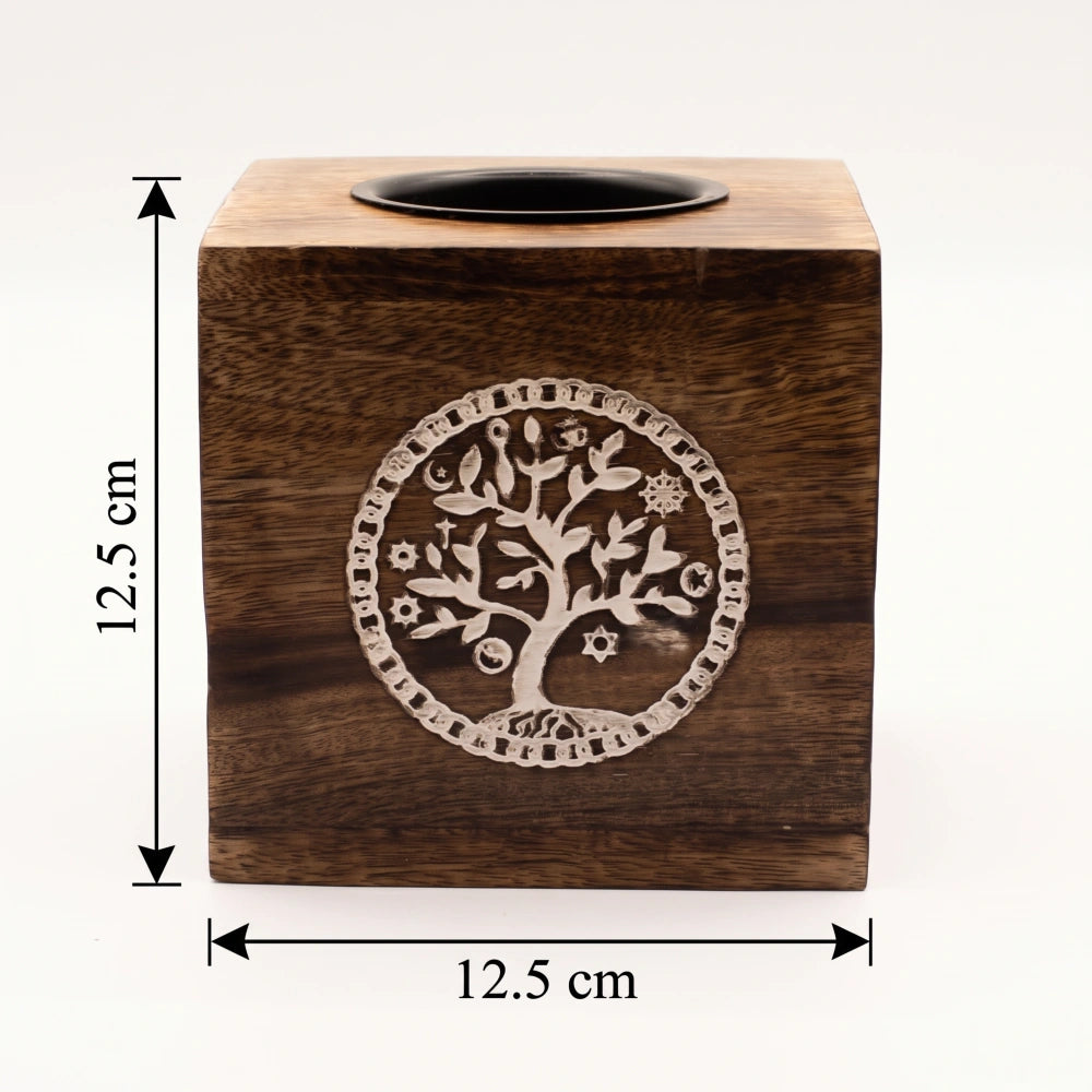 Brûleur d'huile en bois de manguier Arbre de Vie, dimensions 12,5 par 12,5 cm