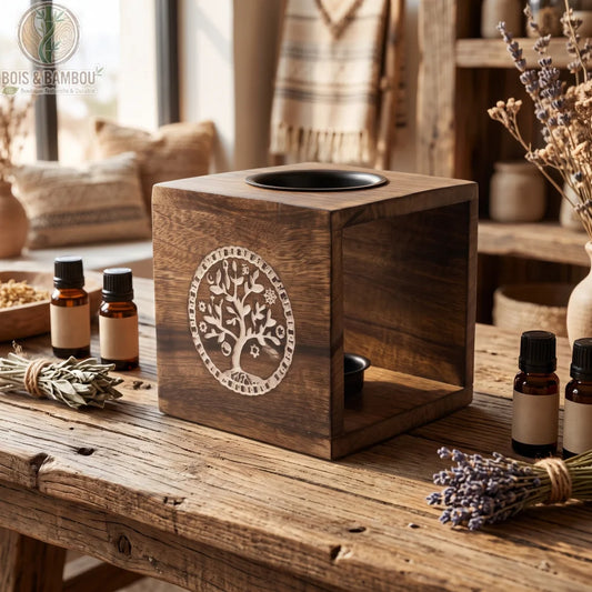 Brûleur d'huile en bois de manguier gravé Arbre de Vie, en ambiance zen avec des huiles essentielles