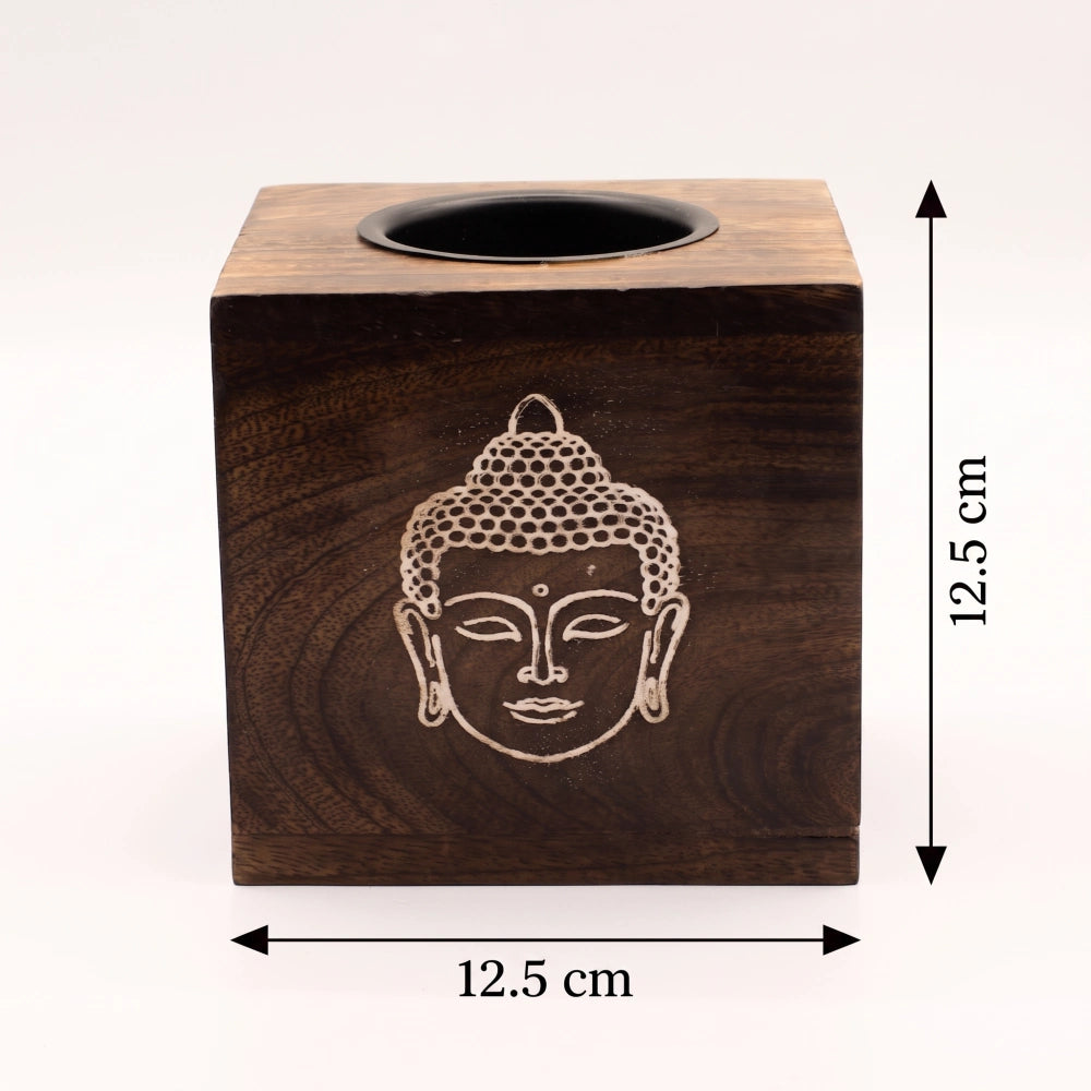 Brûleur d'huile en bois de manguier Bouddha, dimensions 12,5 par 12,5 cm