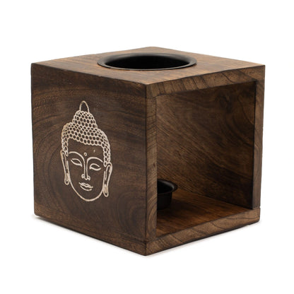 Brûleur d'huile en bois de manguier Bouddha, vue d'angle sur fond blanc