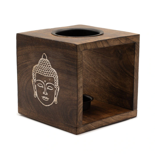 Brûleur d'huile en bois de manguier Bouddha, vue d'angle sur fond blanc