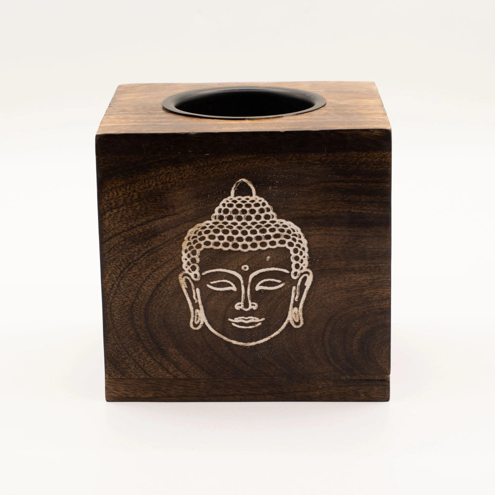 Brûleur d'huile en bois de manguier, visage de Bouddha gravé en gros plan