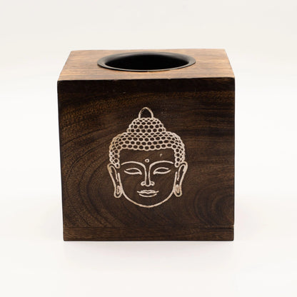 Brûleur d'huile en bois de manguier, visage de Bouddha gravé en gros plan
