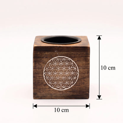 Brûleur d'huile en bois de manguier fleur de vie, dimensions 10 par 10 cm