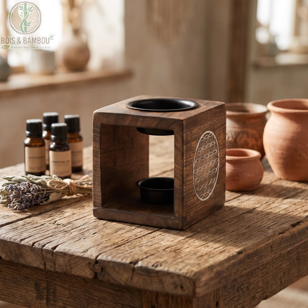 Brûleur d'huile en bois de manguier gravé d'une fleur de vie, mis en scène avec des huiles essentielles