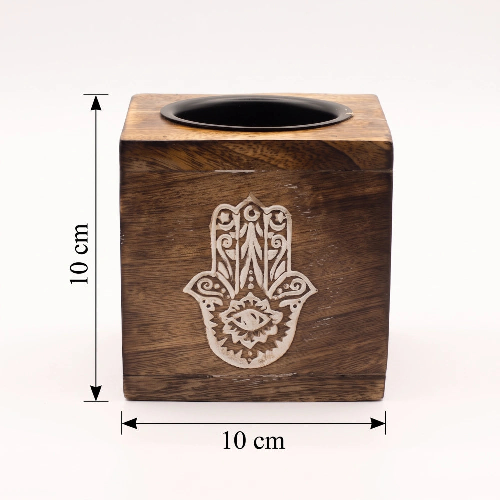 Brûleur d'huile en bois de manguier Hamsa, dimensions 10 par 10 cm