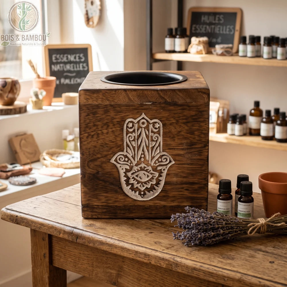 Brûleur d'huile en bois de manguier gravé d'une main de Hamsa, mis en scène avec des huiles essentielles et de la lavande