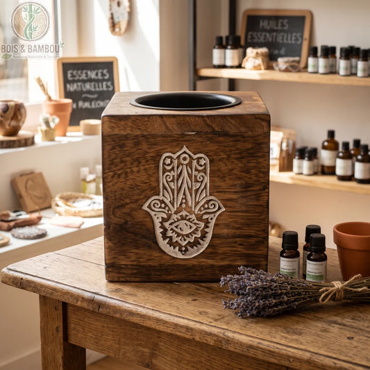 Brûleur d'huile en bois de manguier gravé d'une main de Hamsa, mis en scène avec des huiles essentielles et de la lavande