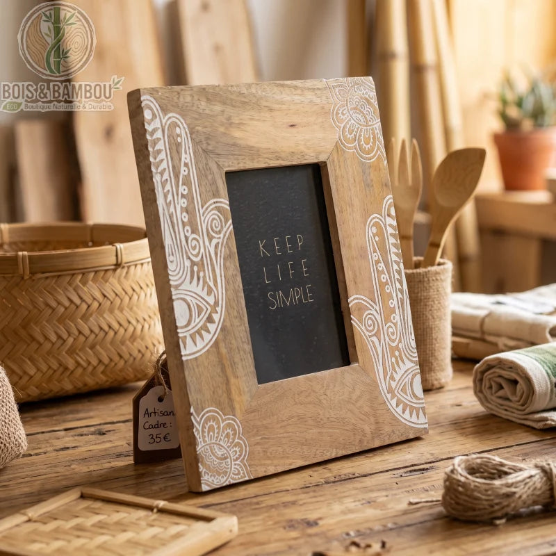 Cadre photo hamsa en bois de manguier blanc, taille moyenne, sur table bois avec panier tressé et ustensiles bois