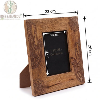 Cadre photo hamsa en bois de manguier noir, grand modèle 28 cm par 23 cm, ouverture photo 13 cm par 18 cm, vue dimensions