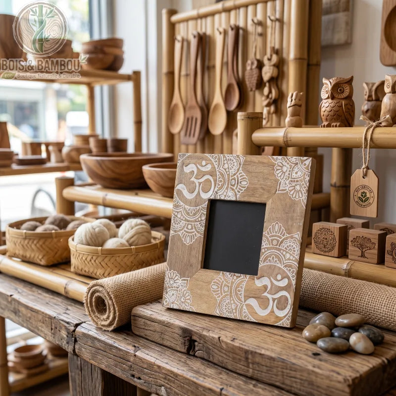 Cadre photo mandala bois de manguier gravé blanc 20 cm par 20 cm, posé dans une boutique entourée d'ustensiles en bois