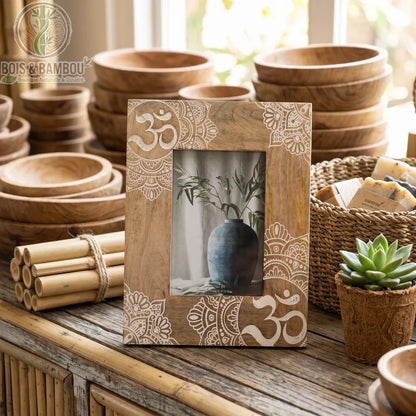 Cadre photo mandala bois de manguier gravé blanc 23 cm par 28 cm, posé dans une boutique avec une plante succulente