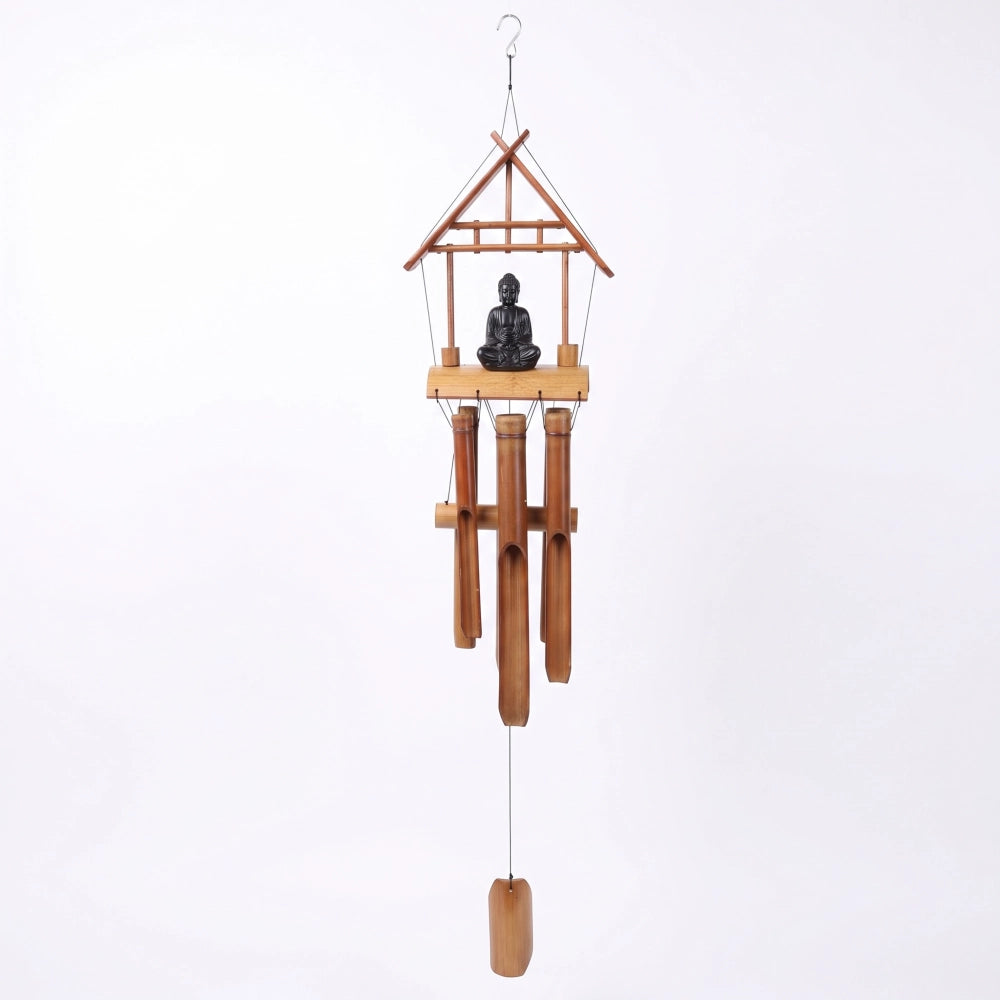 Carillon en bambou bouddha noir, 6 tubes, vue détaillée sur fond blanc
