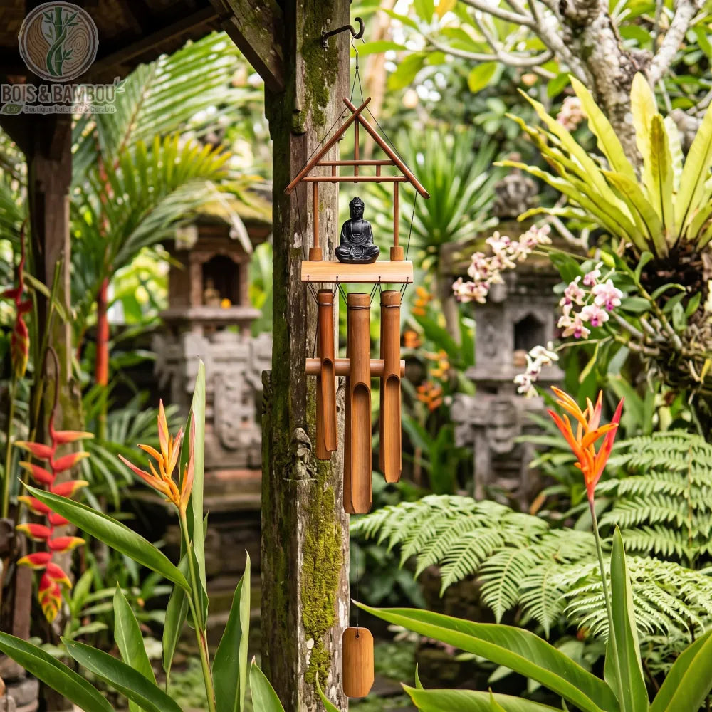 Carillon en bambou avec sculpture bouddha noir, 6 tubes suspendus, décoration extérieure zen pour jardin