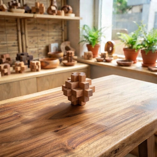 Casse-tête croix en bois à emboîter à 12 bâtonnets posé sur une table en bois