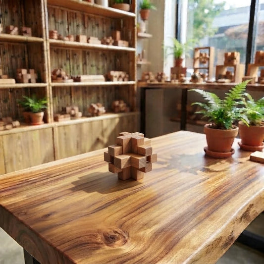 Casse-tête croix en bois à emboîter à 14 bâtonnets posé sur une table en bois