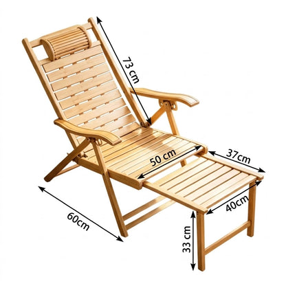 Chaise longue en bambou à repose-pieds coulissant, dimensions : dossier 73 cm, assise 50 cm, largeur 60 cm, repose-pieds 40 par 37 cm