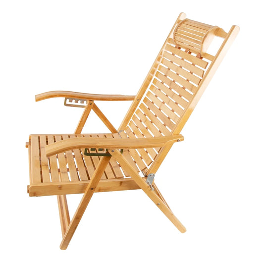 Chaise longue en bambou à repose-pieds coulissant vue de profil sur fond blanc, accoudoirs incurvés et appui-tête en rouleau