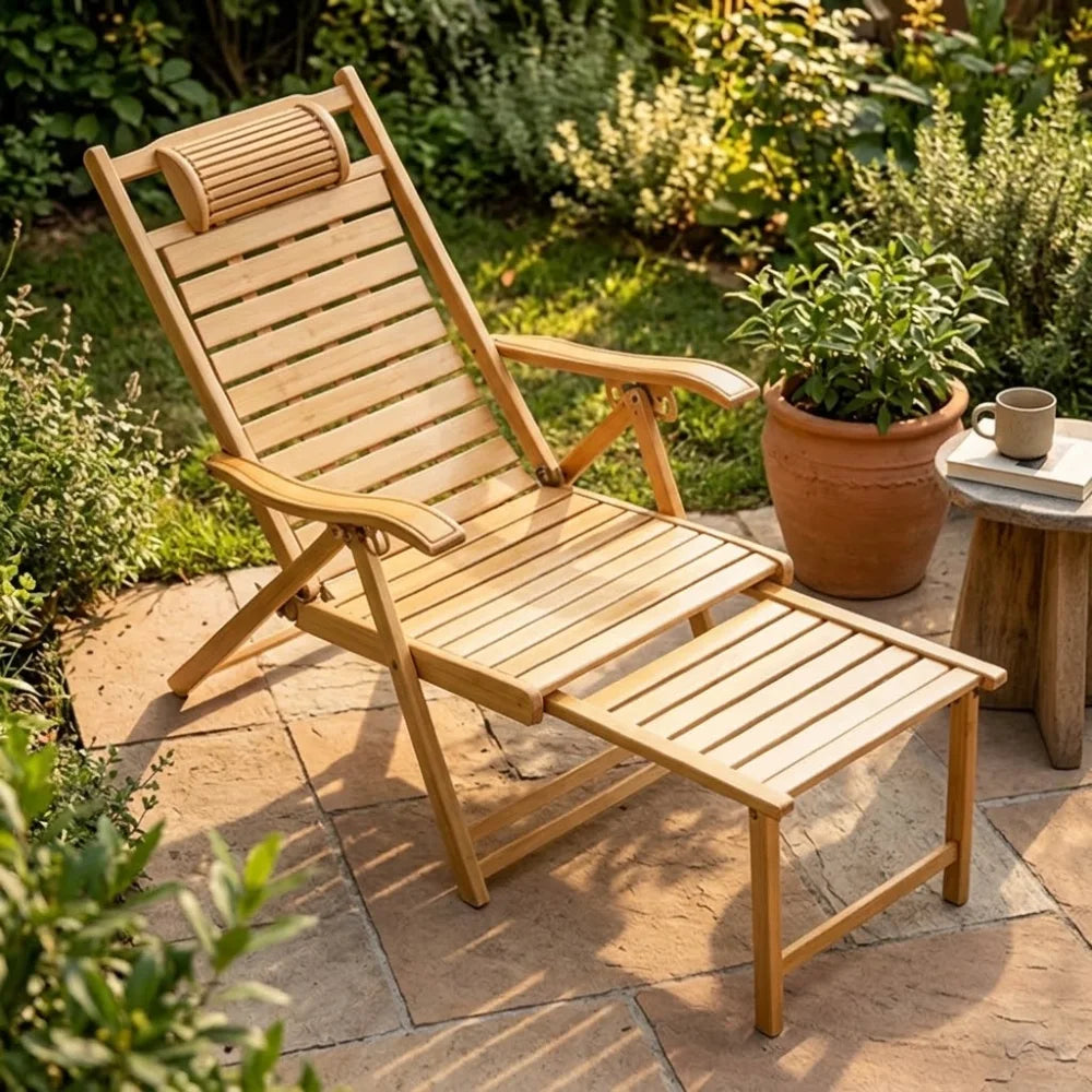 Chaise longue en bambou à repose-pieds coulissant sorti, sur une terrasse en pierre au jardin, à côté d'un pot de plantes