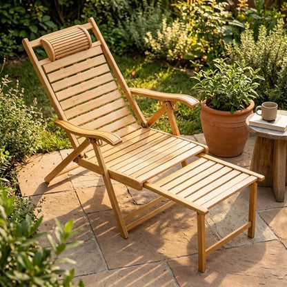 Chaise longue en bambou à repose-pieds coulissant sorti, sur une terrasse en pierre au jardin, à côté d'un pot de plantes