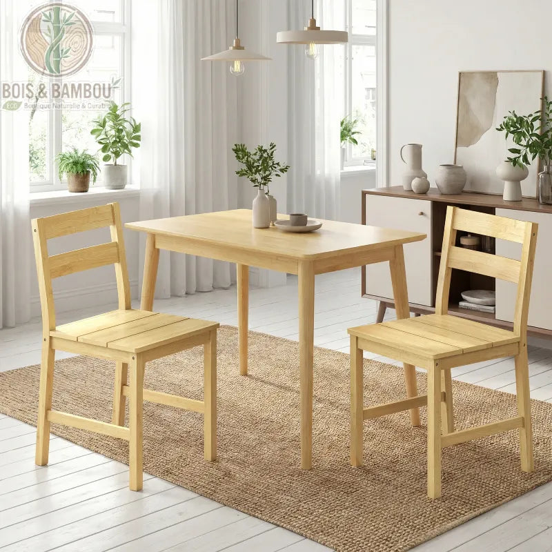 Lot 2 chaises salle à manger bambou naturel en situation cuisine avec table