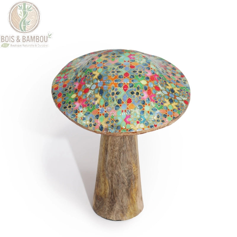 Champignon décoratif en bois émaillé, motif carreaux méditerranéens multicolore, gros plan, Bois Et Bambou Eco