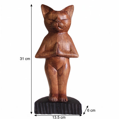 Chat en bois sculpté marron, posture yoga debout, schéma des dimensions 31 par 13,5 par 6 centimètres.