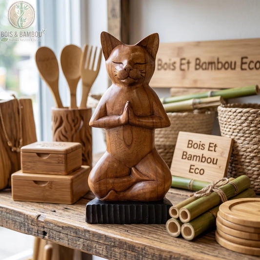 Chat en bois sculpté marron, assis en posture du lotus, posé en boutique artisanale bois et bambou.