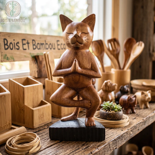 Chat en bois sculpté marron, équilibre sur une patte façon posture de l'arbre, posé en boutique artisanale bois et bambou.