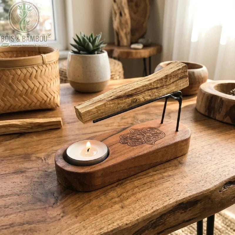 Porte Palo Santo Bois de Teck Motif Main de Fatma Format Mini Bois Et Bambou Eco