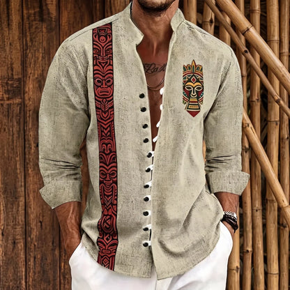 Chemise homme en fibre de bambou à motif ethnique, bande verticale tiki rouge et noir, patch masque tribal poitrine