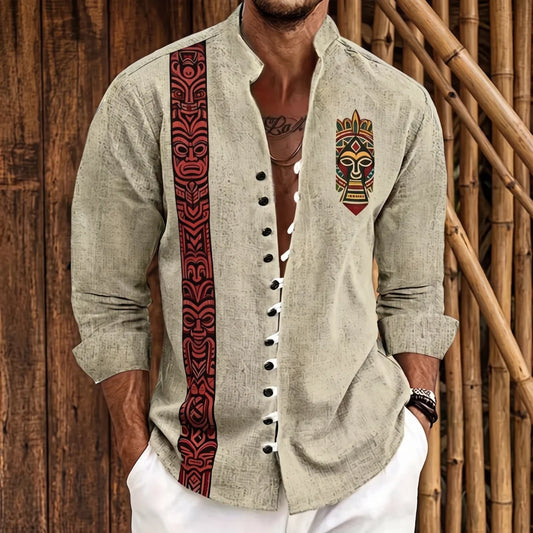 Chemise homme en fibre de bambou à motif ethnique, bande verticale tiki rouge et noir, patch masque tribal poitrine