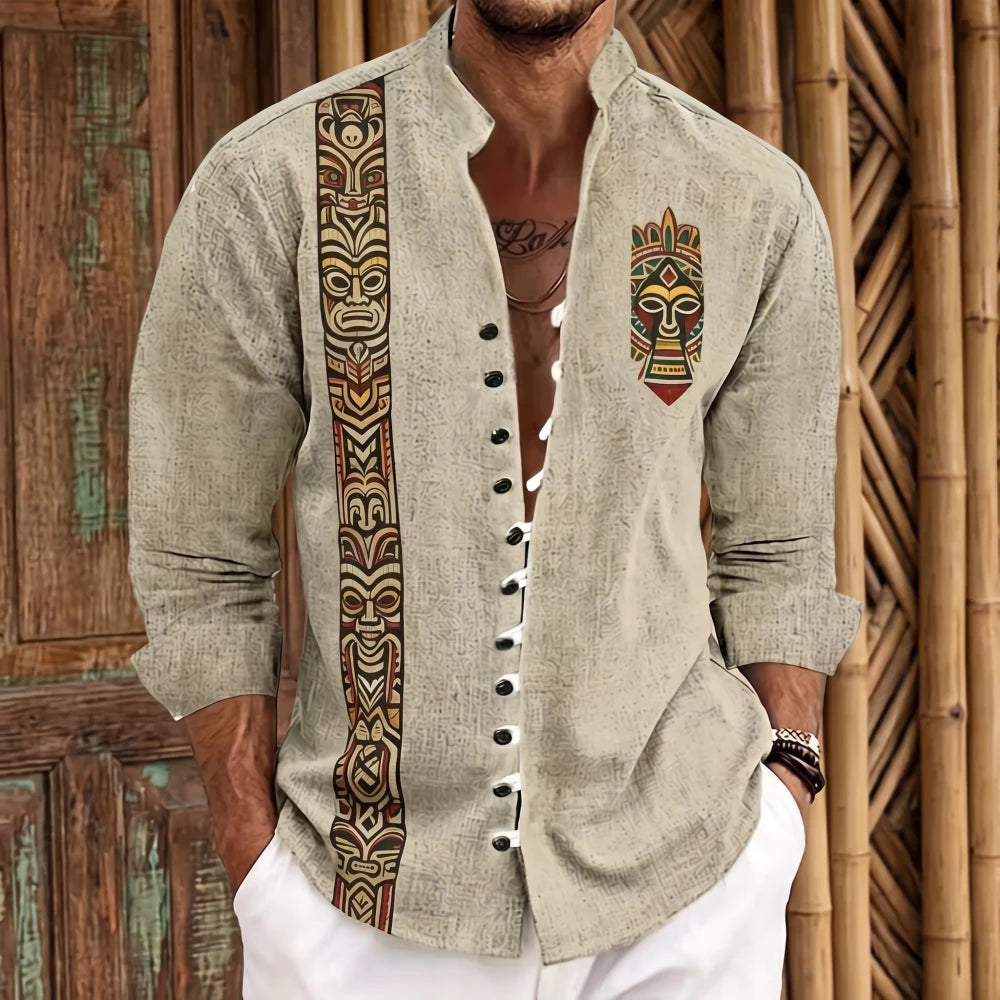 Chemise homme en fibre de bambou, imprimé ethnique bande verticale motifs tiki noirs et patch masque tribal coloré