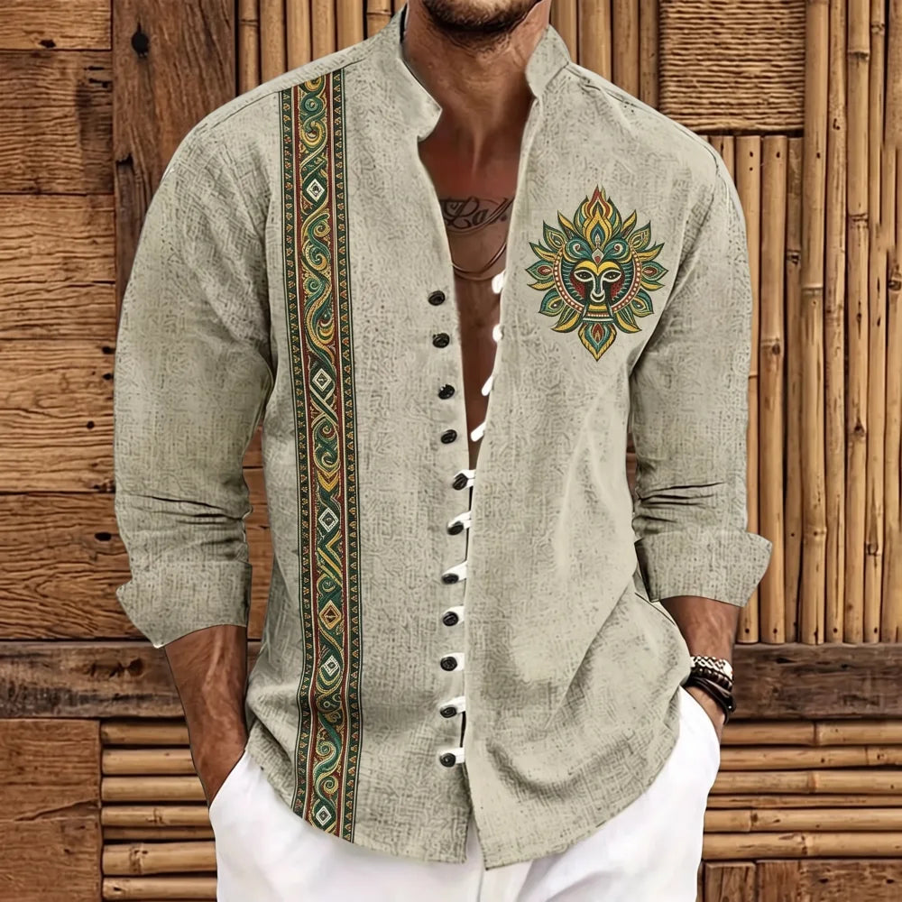 Chemise homme en fibre de bambou, bande ethnique brodée verte et or, patch mandala lotus coloré