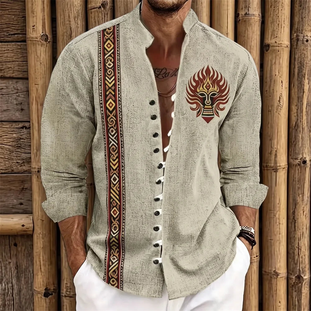 Chemise homme en fibre de bambou, bande ethnique aztèque rouge et or, patch masque flamme tribal