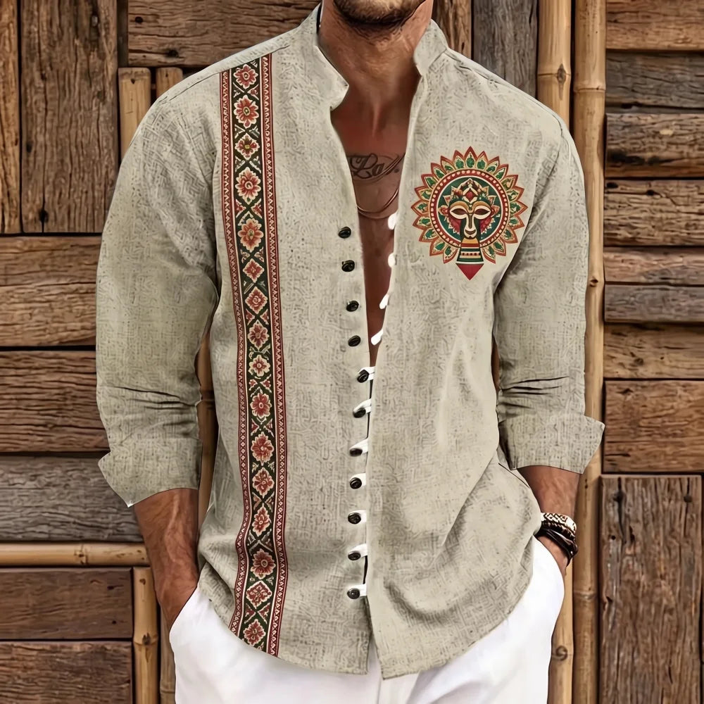 Chemise homme en fibre de bambou, bande florale ethnique rouge et or, patch mandala visage soleil